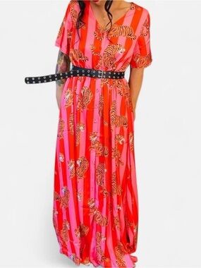 Emy Ave Pink and Orange Striped Maxi dress with Tiger Print